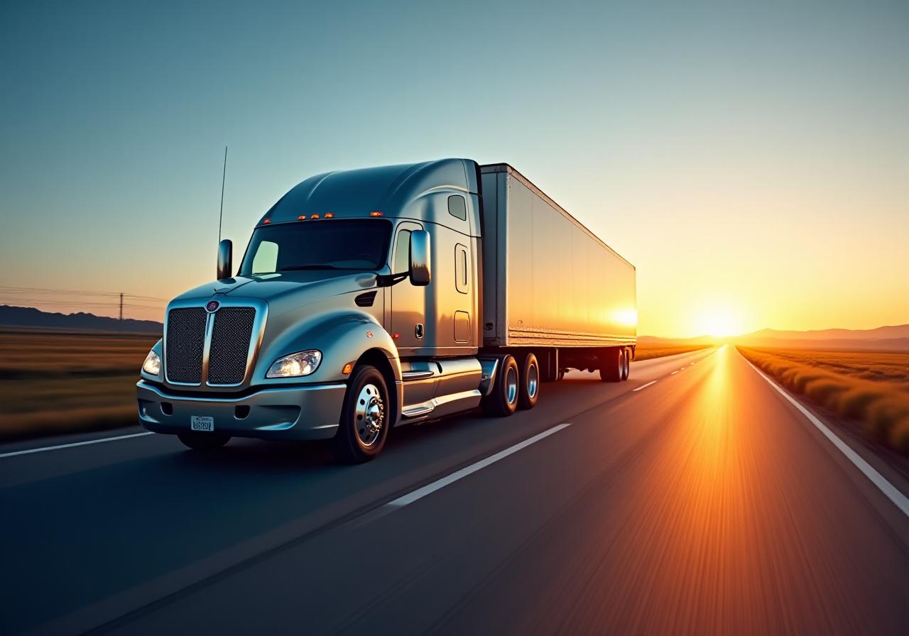 Modern logistics truck on a highway at dusk