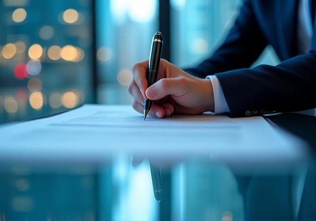 Close up of a professional contract being signed on a glass desk