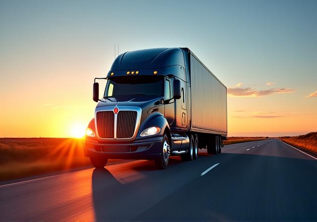 A modern semi-truck on a highway at dusk